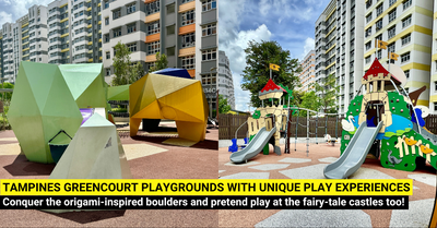 Tampines GreenCourt Playgrounds: Origami Rock, Netted Tower & Storybook Playground