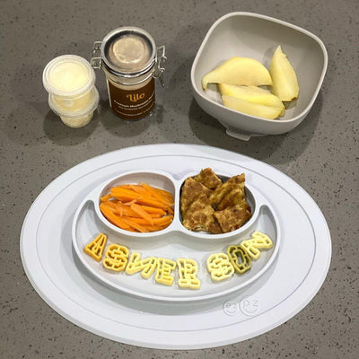 Alphabet Pasta With Meat Tofu Patty And Carrot Strips