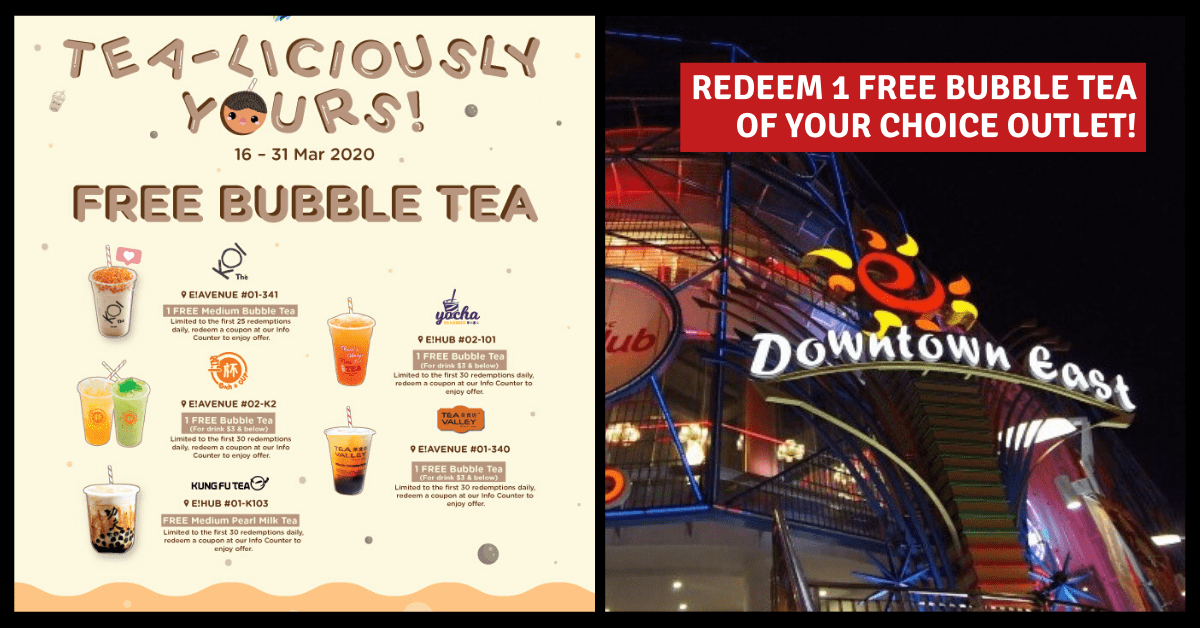 Redeem 1 Free Bubble Tea at Downtown East from 16 - 31 March | Choose from KOI, Kung Fu Tea, Each A Cup, and More! - BYKidO