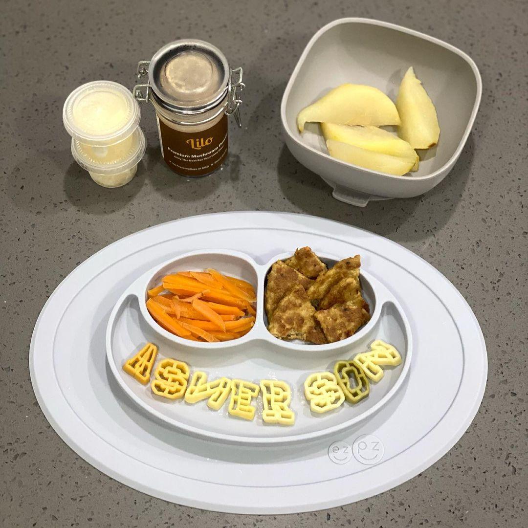 Alphabet Pasta With Meat Tofu Patty And Carrot Strips