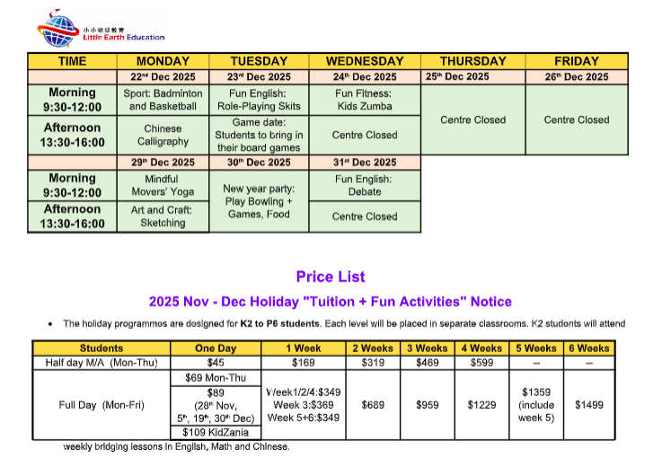 November & December Holiday Programme: Tuition + Fun Activities (K2 - P6)